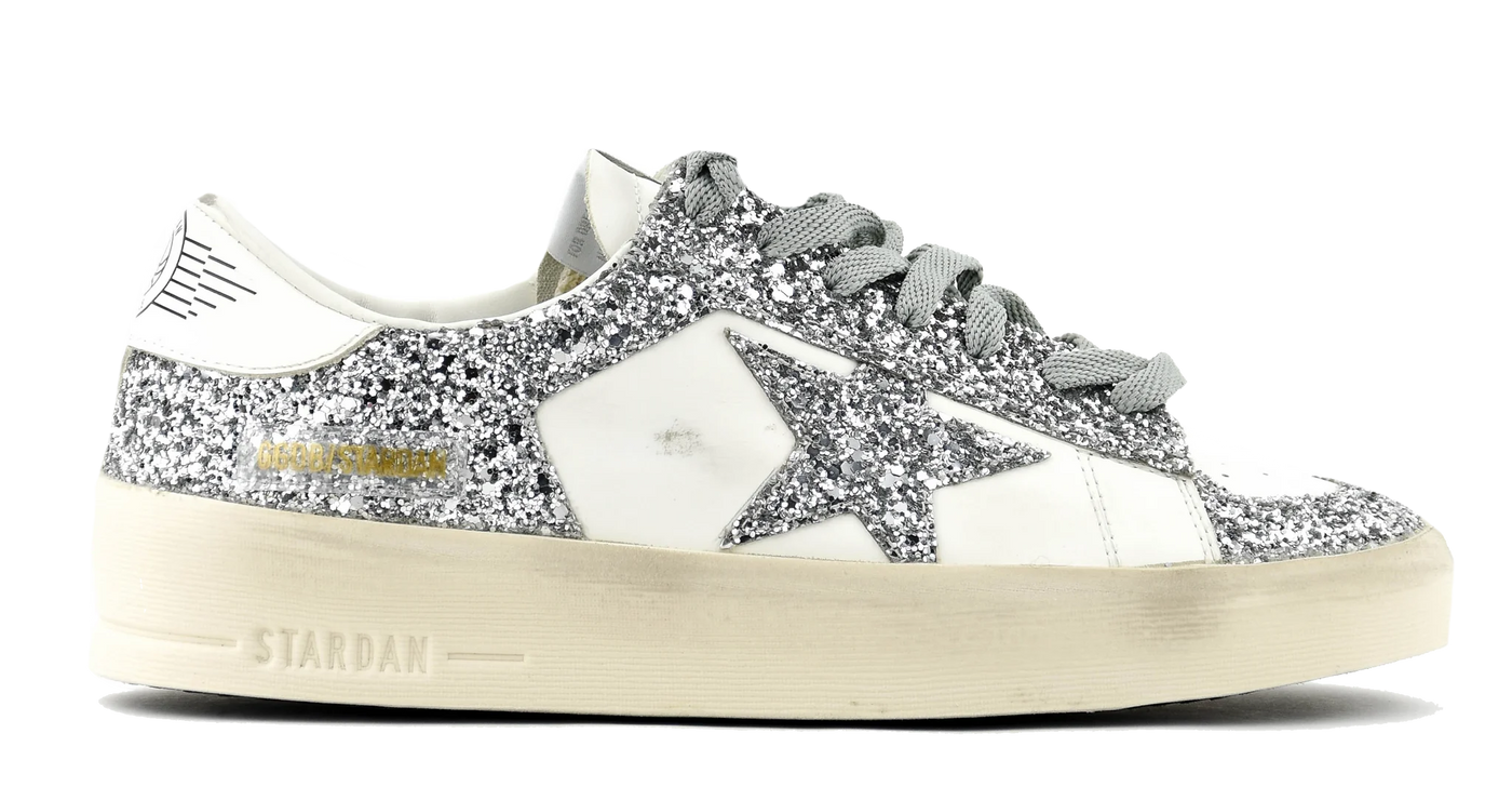 GOLDEN GOOSE DELUXER STARDAN WHITE SILVER GLITTER